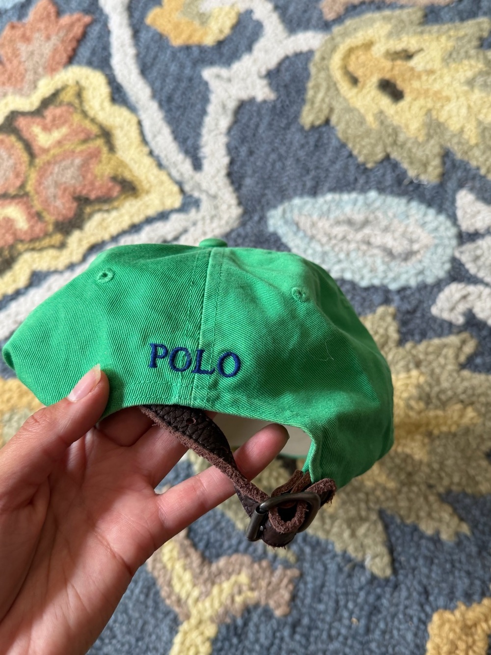 Green Polo Ralph Lauren Embroidered Blue Leather Strap Baseball Hat - Picture 1 of 5